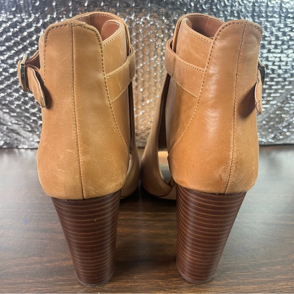 Vince Camuto Venica Bootie Size 10 Eu 40 Tan Buckled Leather 5 In Heel Open Toe - Picture 5 of 14